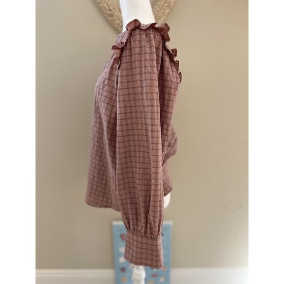 Anthropologie peasant tartan plaid pattern blouse country cottage core Large - Picture 2 of 6